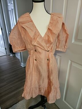 Peach Ruffle V-Neck Linen Dress SANDRO French Designer